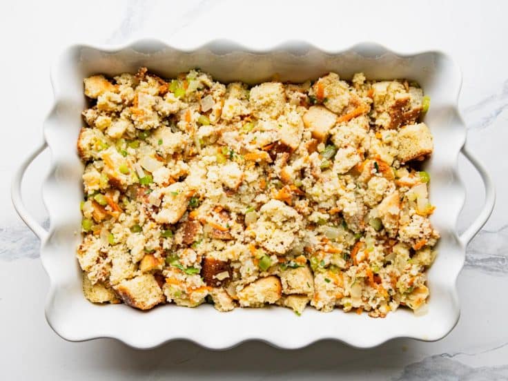 Dish of cornbread dressing before baking.