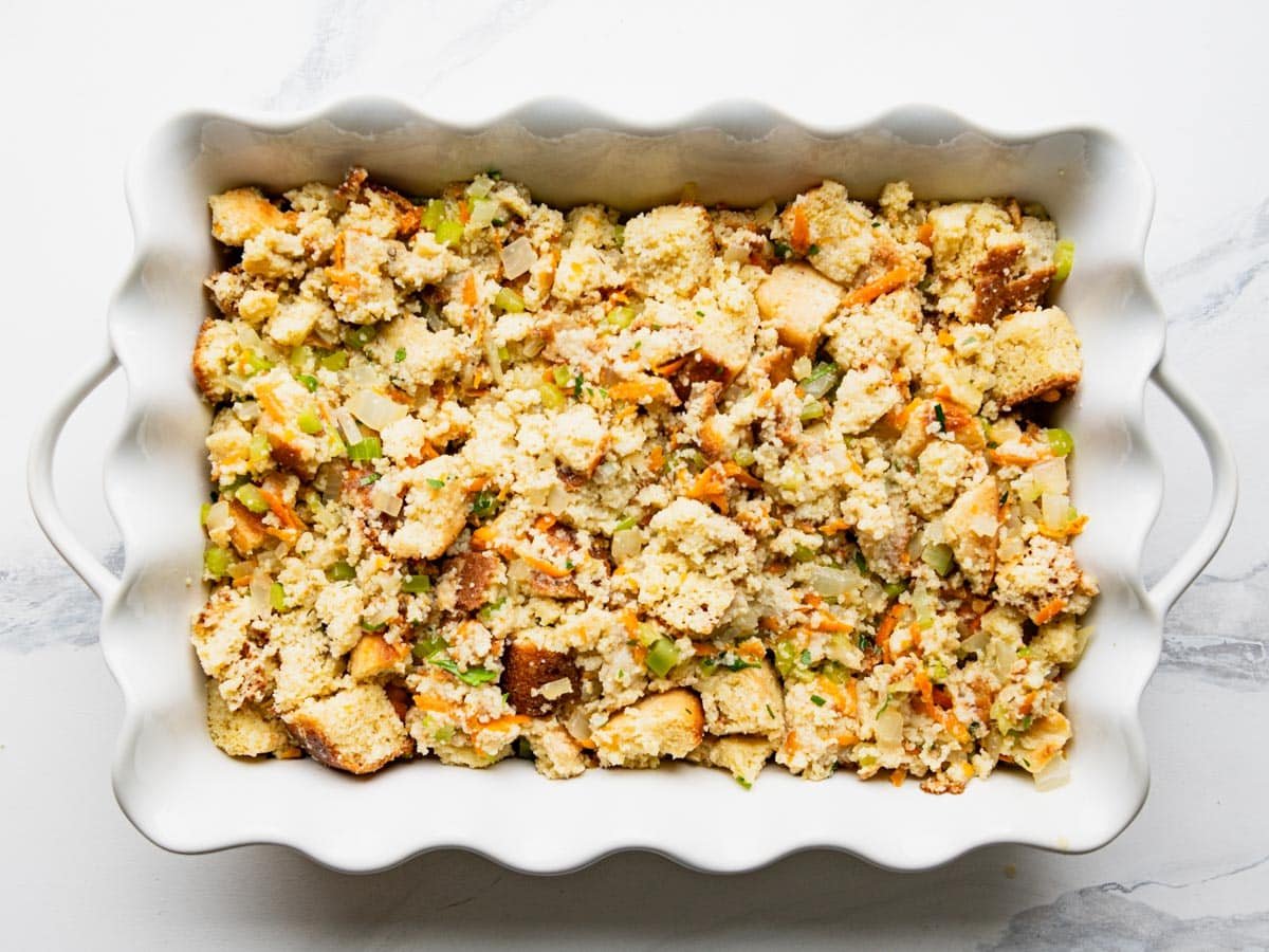 Dish of cornbread dressing before baking.