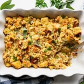 Horizontal overhead shot of a pan of homemade cornbread dressing.