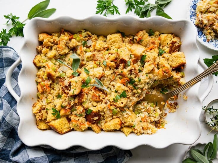 Horizontal overhead shot of a pan of homemade cornbread dressing.