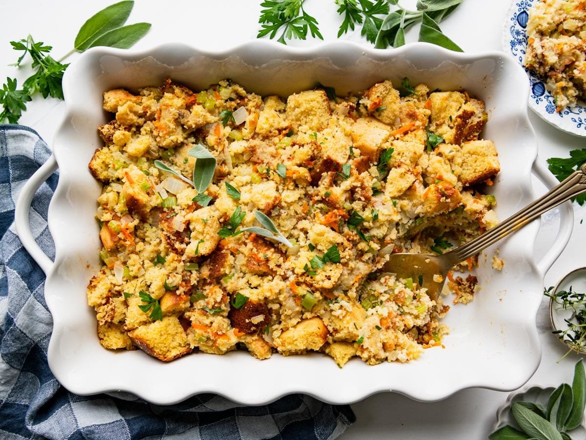 Horizontal overhead shot of a pan of homemade cornbread dressing.