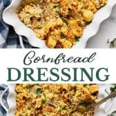 Long collage image of cornbread dressing.