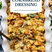 Cornbread dressing with a text title overlay.