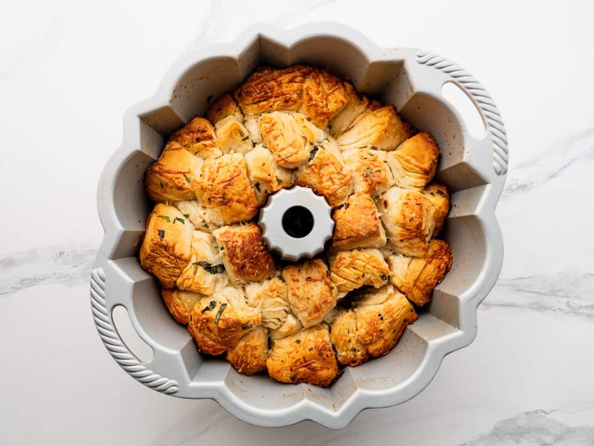 Baked pull apart garlic bread in a bundt pan.