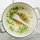 Sauteing aromatics for a white turkey chili recipe.