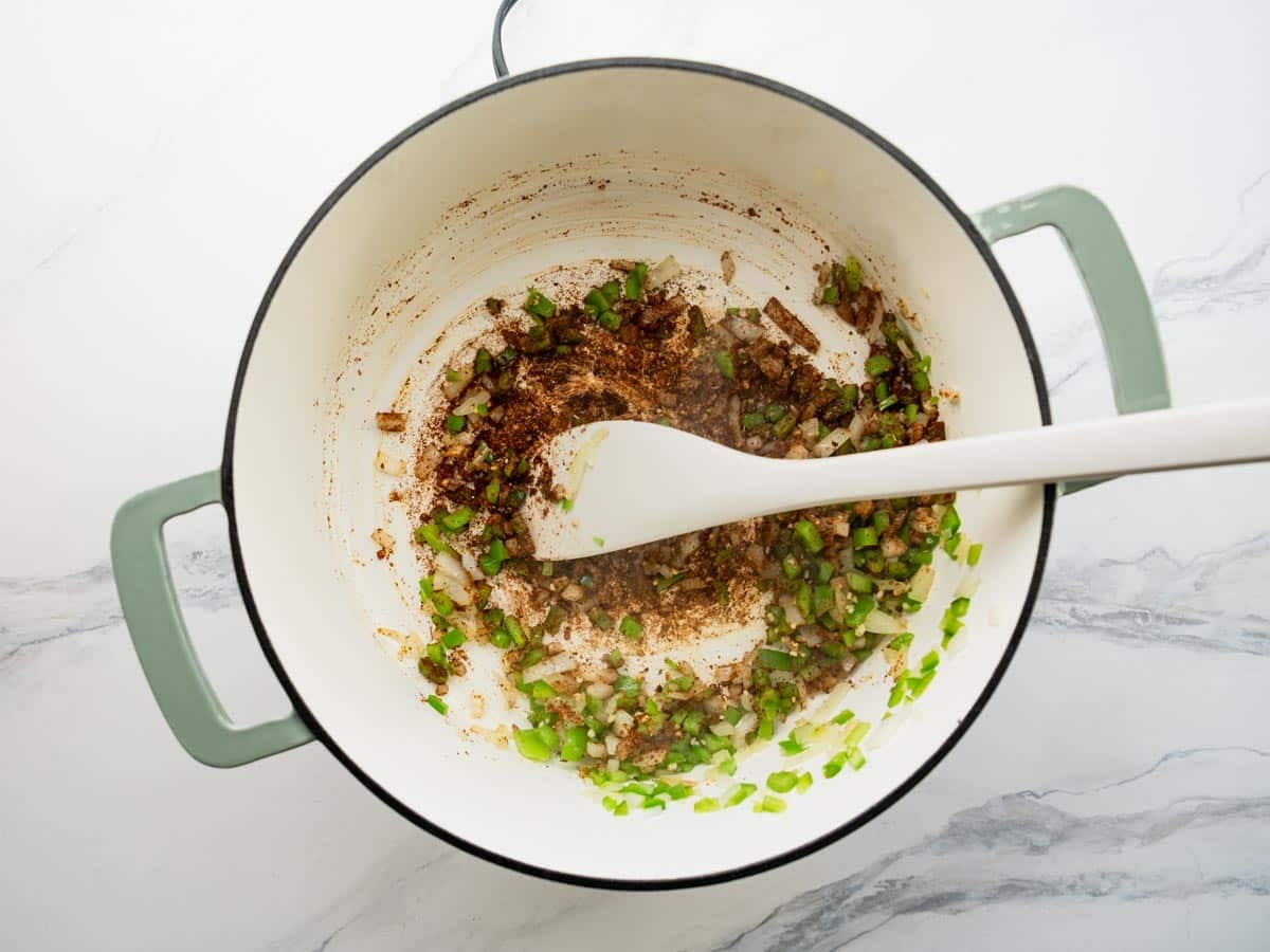 Blooming the spices for white turkey chili.
