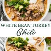 Long collage image of white turkey chili.