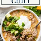 White turkey chili with a text title box at the top.