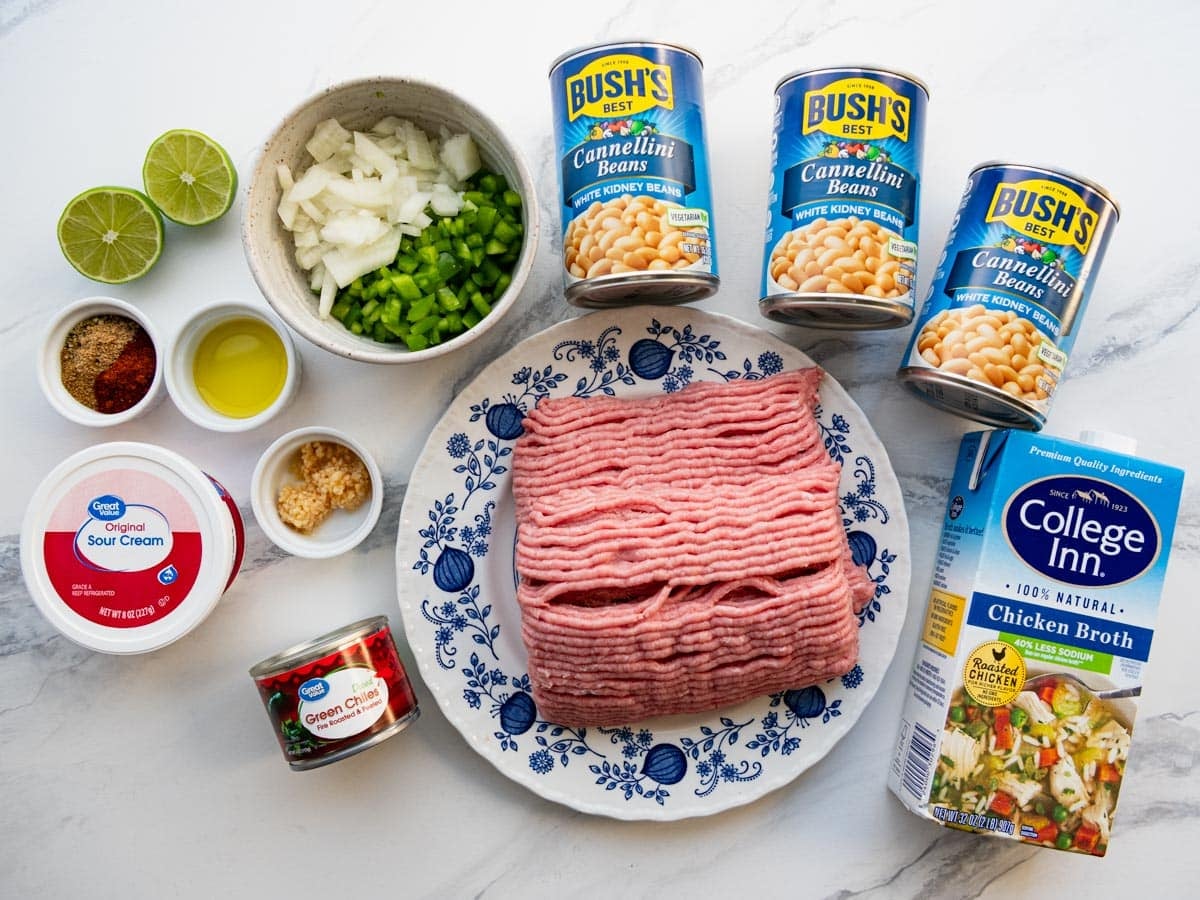 Ingredients for white bean turkey chili recipe.