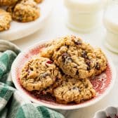 Square side shot of chewy oatmeal cranberry cookies on a red and white plate.
