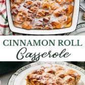 Long collage image of a cinnamon roll casserole.