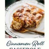 Cinnamon roll casserole with a text title at the bottom.
