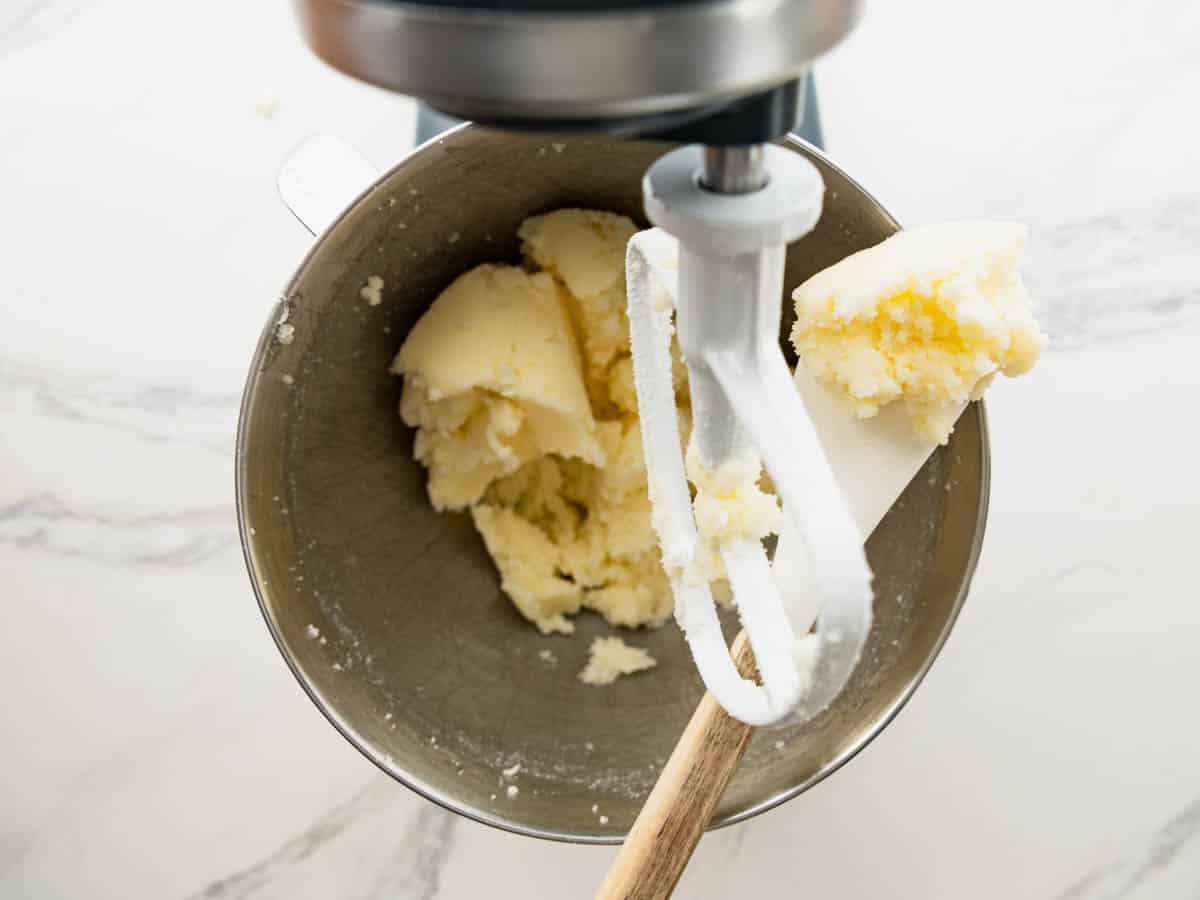 Creamed butter and sugar in a stand mixer.