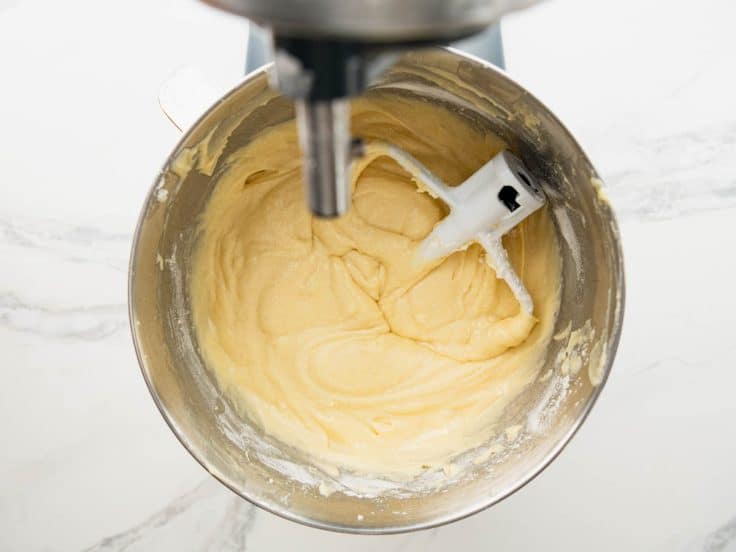 Buttermilk pound cake batter in a bowl.
