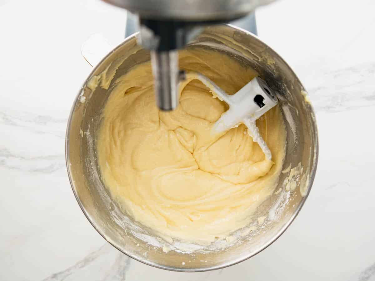 Buttermilk pound cake batter in a bowl.