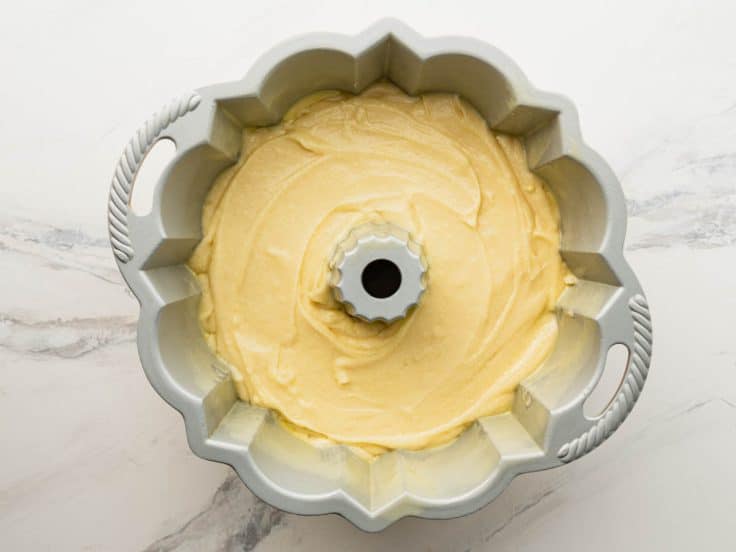 Buttermilk pound cake batter in a bundt pan.