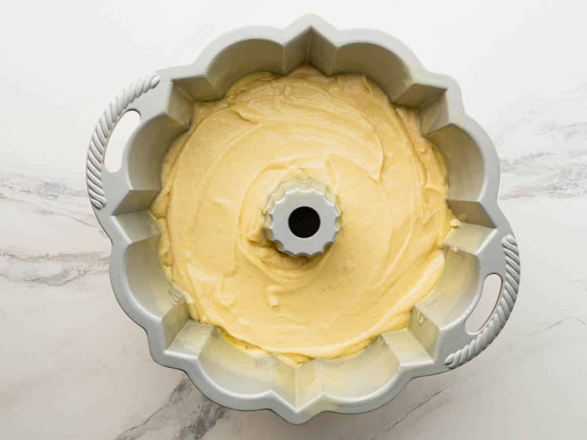 Buttermilk pound cake batter in a bundt pan.