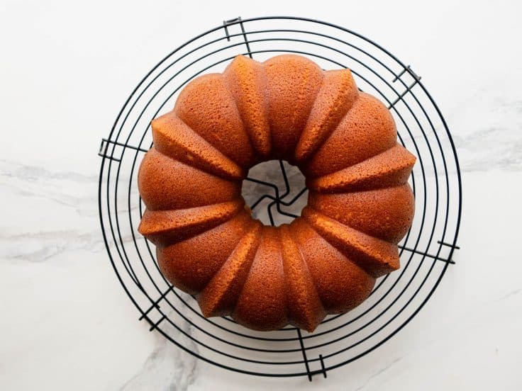 Cooling buttermilk pound cake on a wire rack.