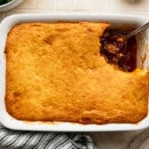 Horizontal overhead image of chili cornbread casserole.