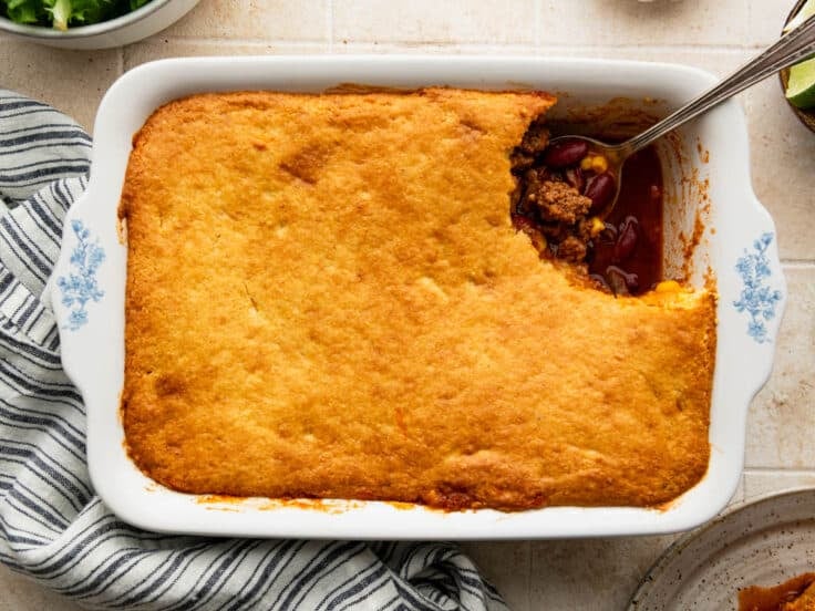 Horizontal overhead image of chili cornbread casserole.