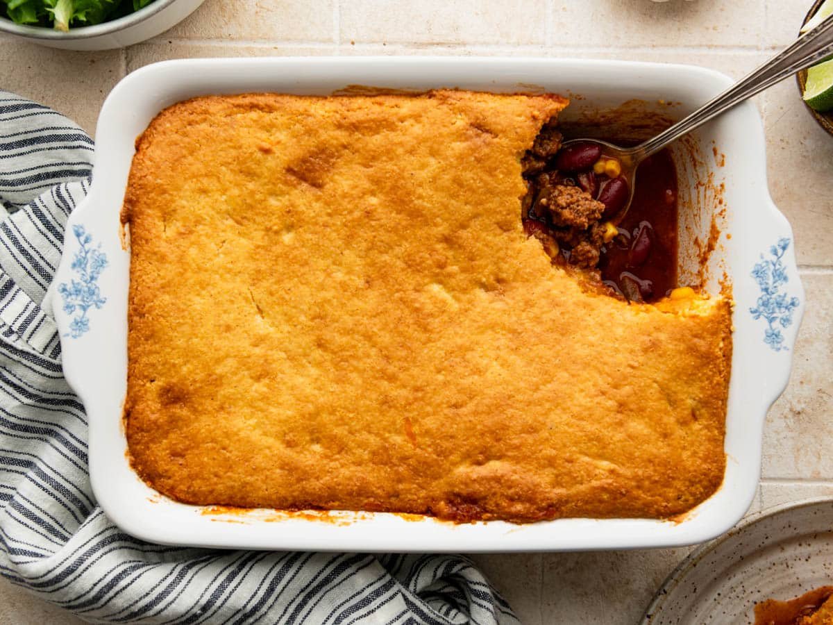 Horizontal overhead image of chili cornbread casserole.