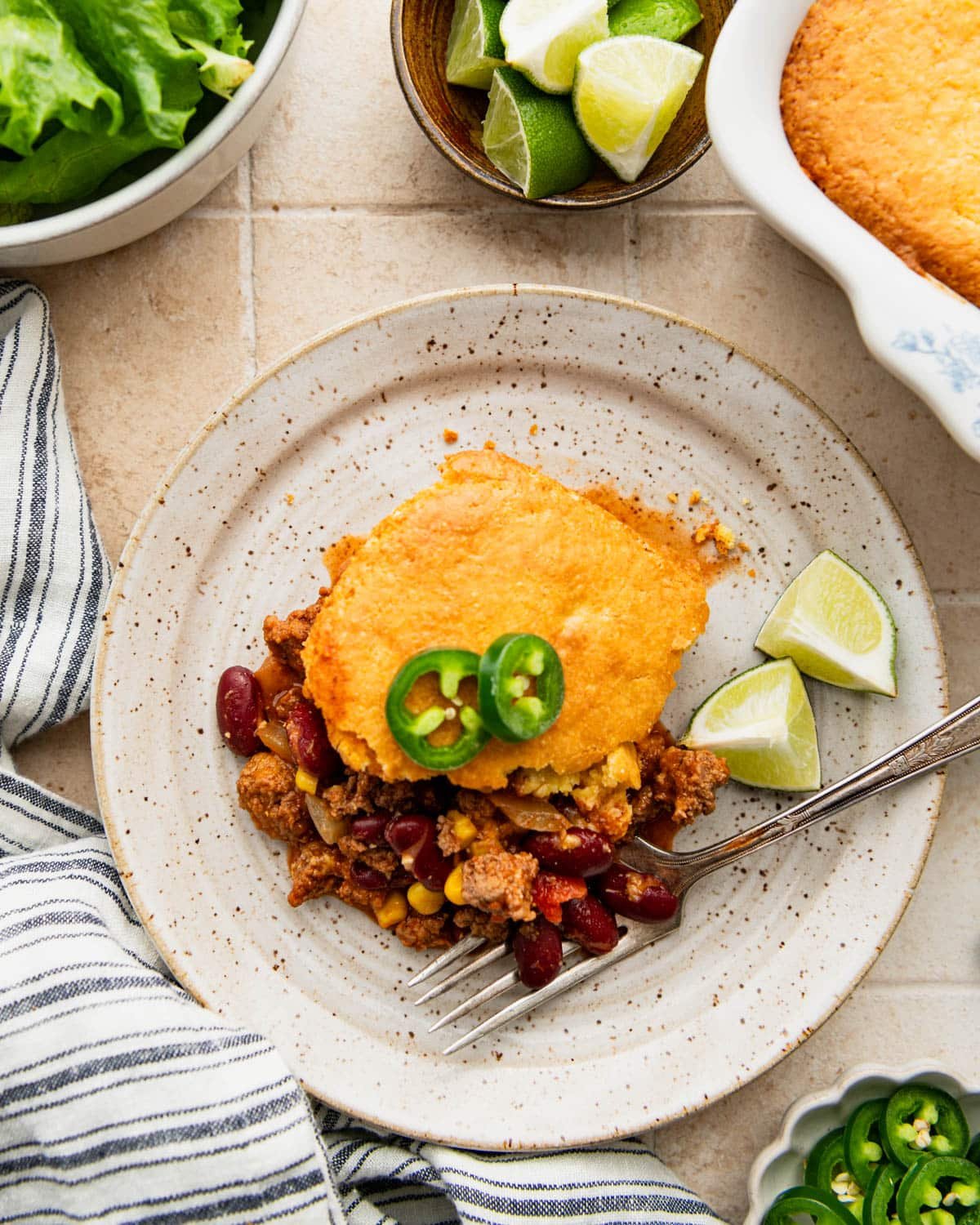 Overhead shot of a plate of chili cornbread casserole.