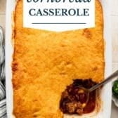 Chili cornbread casserole with a text title overlay.