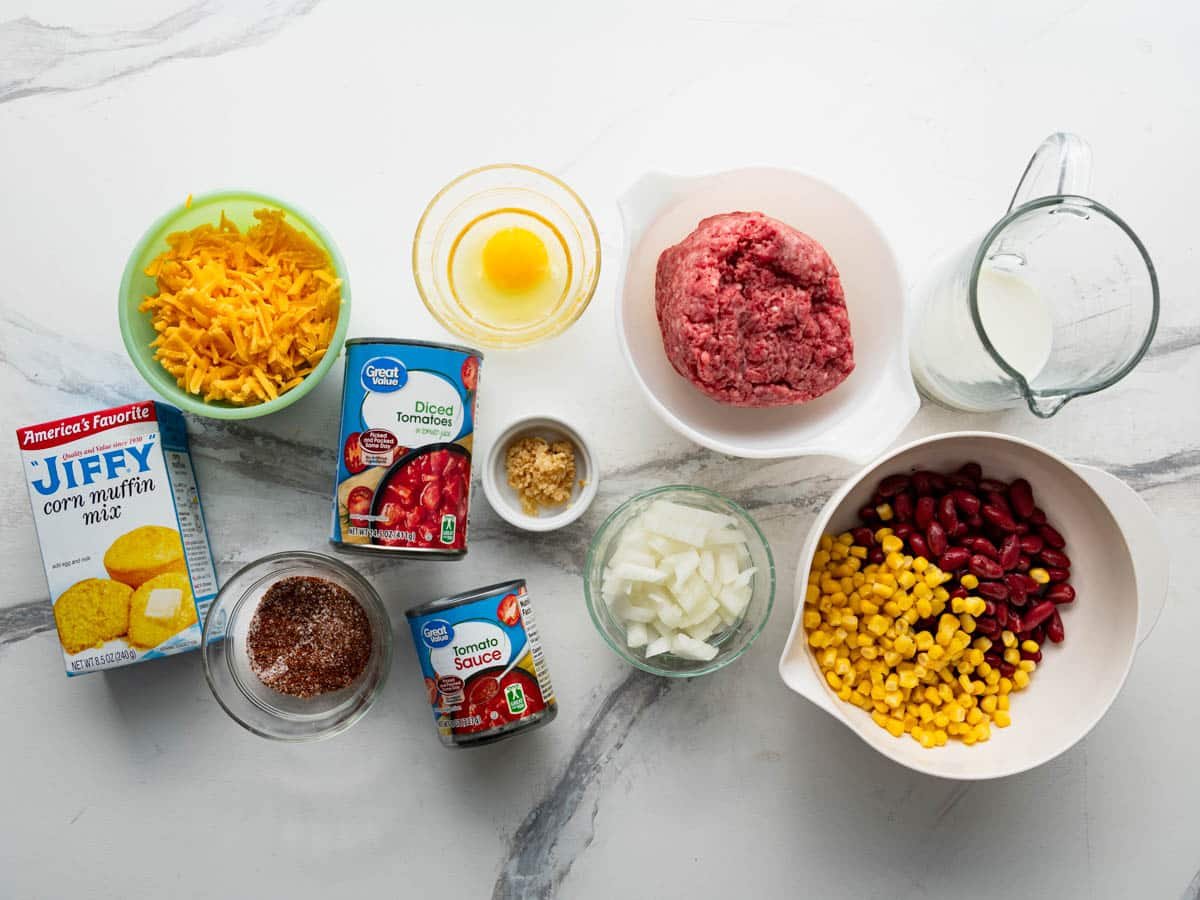 Ingredients for a Jiffy chili cornbread casserole.