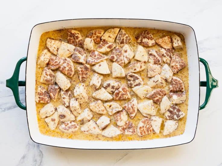 Cinnamon roll breakfast casserole before baking.