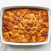 Baked cinnamon roll casserole before adding the icing.