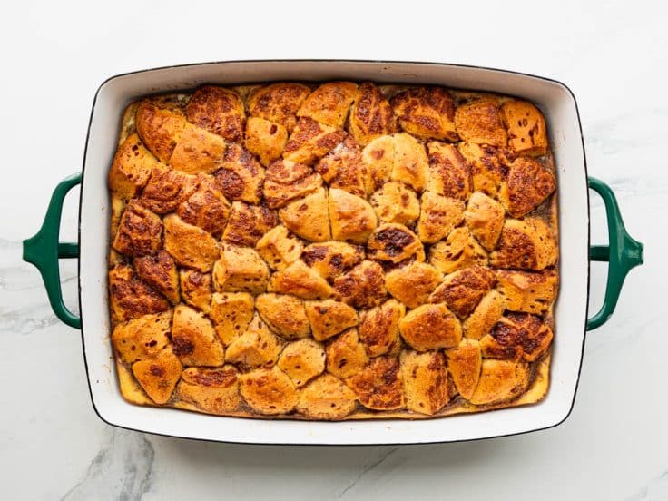 Baked cinnamon roll casserole before adding the icing.