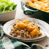 Horizontal side shot of a plate of cowboy casserole.