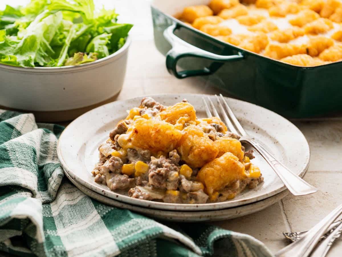 Horizontal side shot of a plate of cowboy casserole.