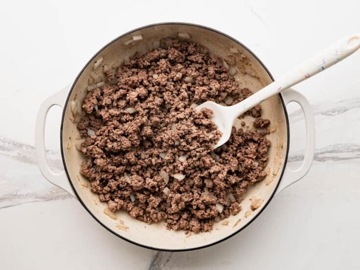 Cooking the beef for cowboy casserole filling.