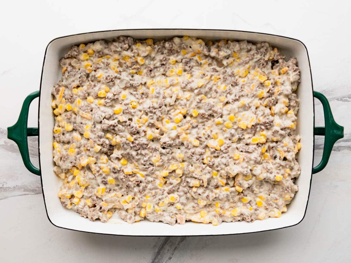 Creamy beef filling in the dish.