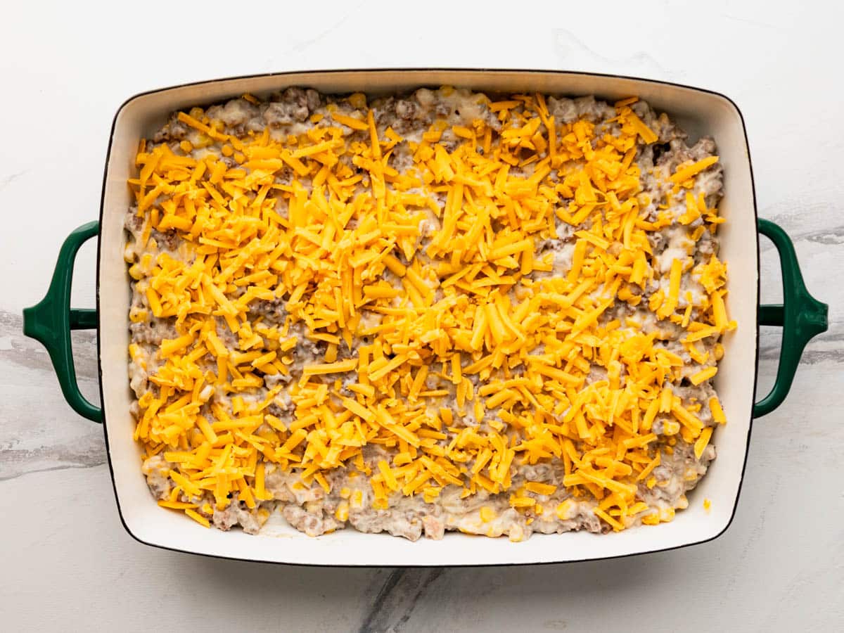 Cheese on top of the casserole.