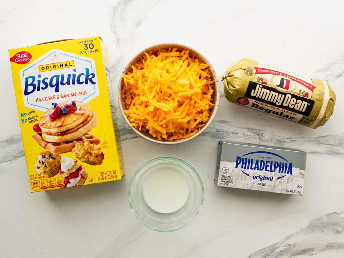 Ingredients for cream cheese sausage balls with Bisquick