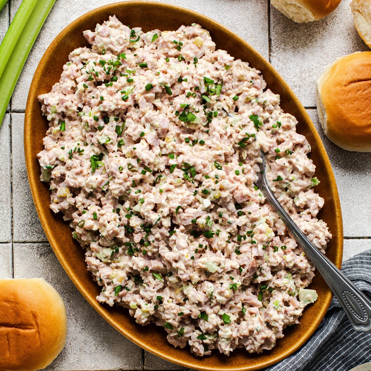 Square overhead shot of ham salad in a bowl.