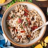 Square overhead shot of a bowl of Hoppin John.