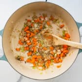 Sauteing the aromatics for a pot of meatball soup.