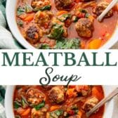 Collage image of meatball soup.