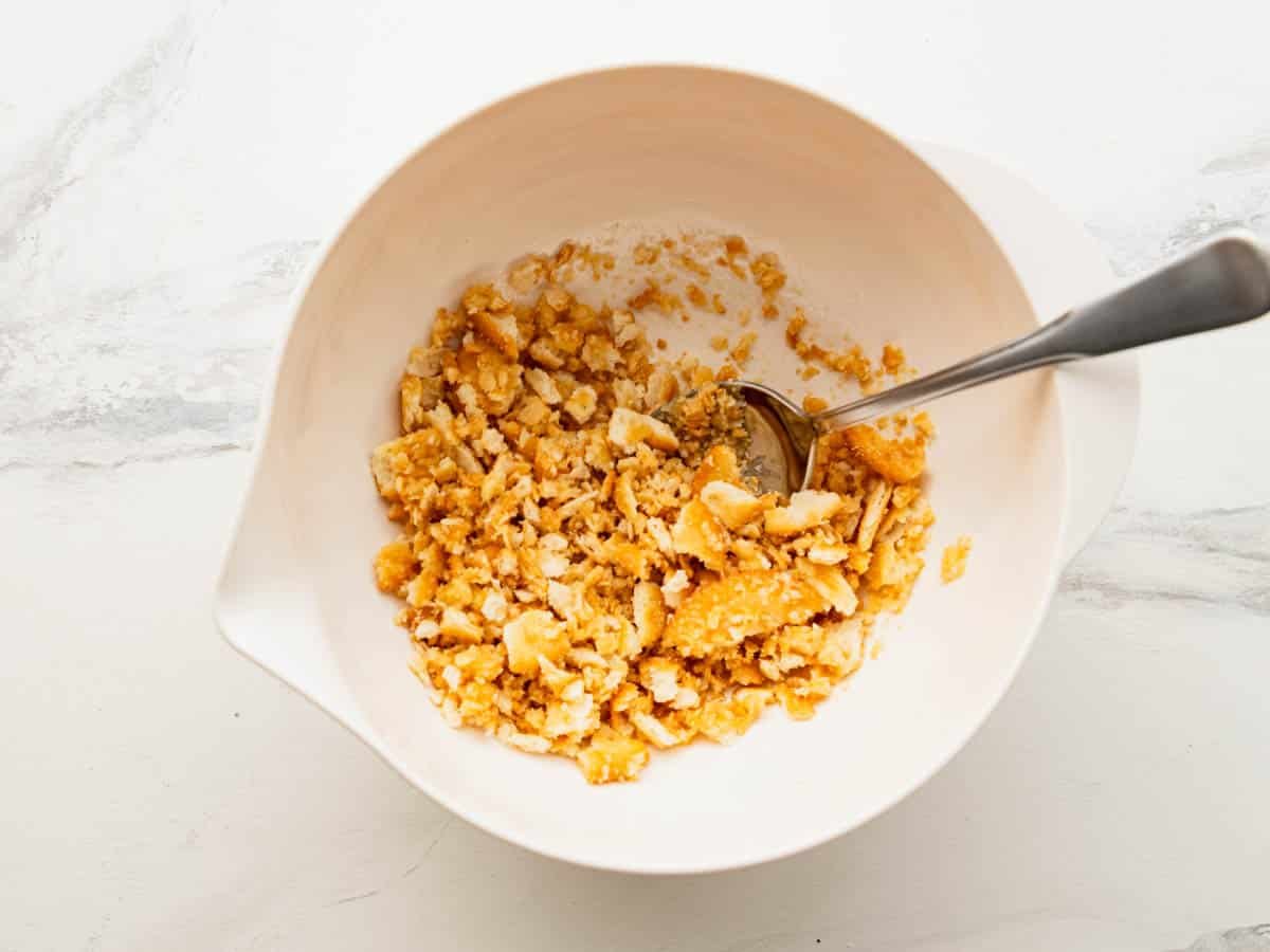 Cracker crumb topping for scalloped corn recipe.
