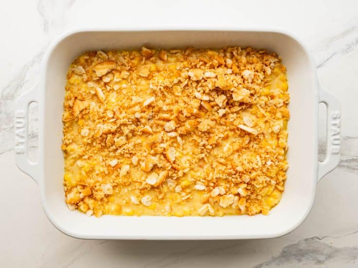 Scalloped corn with topping before it goes in the oven.