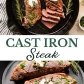 Long collage image of a cast iron steak recipe.