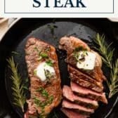 Cast iron steak with a text title box at the top.