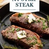 Cast iron steak with a text title overlay.