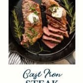 Cast iron steak with a text title at the bottom.