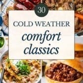 Cold weather comfort food recipes collage.