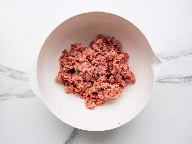 Meatball mixture in a bowl.
