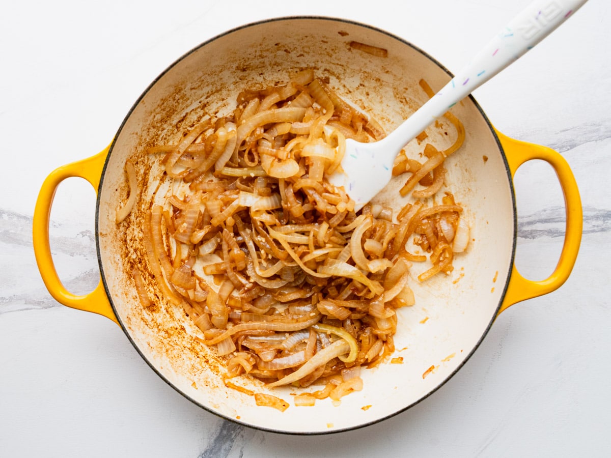 Caramelized onions in a skillet.